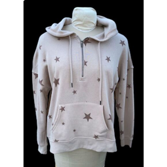 Hippie Rose Hoodie Star Kangaroo Pocket Drawstring Hood Quarter Zip Sz L Tan - Picture 2 of 14